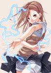  biribiri brown_eyes brown_hair coin doa_(wabisabi) electricity grin hair_ornament hairpin misaka_mikoto school_uniform shorts skirt smile solo to_aru_majutsu_no_index wind wind_lift 