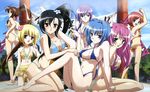  absurdres bachou barefoot bikini black_hair blonde_hair blue_eyes blue_hair breasts brown_eyes brown_hair chouhi chouun cleavage detexted highres hiratsuka_tomoya kan'u koihime_musou kouchuu large_breasts long_hair medium_breasts multiple_girls non-web_source official_art pink_eyes pink_hair ponytail purple_eyes purple_hair red_hair ryuubi shokatsuryou short_hair small_breasts swimsuit third-party_edit thong_bikini very_long_hair 