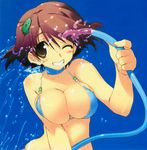  amazuyu_tatsuki bikini breasts brown_eyes brown_hair cleavage copyright_request highres hose large_breasts one_eye_closed skindentation smile solo swimsuit water 