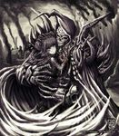  1girl armor blood brown_theme copyright_request glasses hug j-e-m-g monochrome photoshop_(medium) ruins skeleton smoke spot_color 