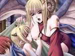  1boy 2girls age_difference blonde_hair blush breast_sucking breasts brown_eyes cute demon_girl eushully eyes_closed game_cg horns long_hair mother_and_daughter multiple_girls nipples open_mouth short_hair sleeping succubus tattoo tongue wings yuri 