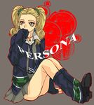  ayase_yuka blonde_hair brown_eyes cardigan earrings freckles gyaru jewelry kogal legs loose_socks megami_ibunroku_persona necktie nishi_juuji persona persona_1 school_uniform scrunchie skirt sleeves_past_wrists socks solo twintails 