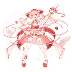  1girl absurdres arrow bangs bow bunny_hair_ornament dress eyebrows_visible_through_hair food food_fantasy frills fruit full_body hair_bow hair_ornament hair_ribbon hand_up highres ichigo_daifuku ichigo_daifuku_(food_fantasy) long_sleeves open_mouth pink_hair red_bow red_eyes red_footwear ribbon shoes simple_background sleeves_past_wrists smile solo standing strawberry symbol-shaped_pupils thighhighs wagashi white_background white_dress white_legwear wide_sleeves zelato 