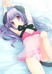  animal_ears armpits bed blush breasts cleavage dog_ears dog_tail highres long_hair looking_at_viewer lying mouth_hold nightgown original panties pillow purple_eyes purple_hair ribbon see-through small_breasts solo tail underboob underwear usashiro_mani 