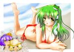  barefoot bikini blood feet green_hair haruyonoto kochiya_sanae moriya_suwako multiple_girls nosebleed side-tie_bikini swimsuit touhou yasaka_kanako yellow_eyes 