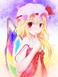  blonde_hair finger_to_mouth flandre_scarlet flat_chest hat highres lingerie navel negligee nipples one_side_up red_eyes see-through short_hair solo strap_slip tengeiji touhou underwear 