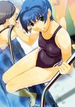  absurdres barefoot blue_hair competition_swimsuit feet from_above green_eyes grin highres ino kimihagu looking_at_viewer multiple_girls one-piece_swimsuit pool pool_ladder poolside puddle scan short_hair sitting smile soaking_feet solo_focus swimsuit wading water wet yuzuki_minami 