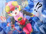  blonde_hair bodysuit covered_nipples flat_chest green_eyes highres leotard miso_panda pink_bodysuit pink_leotard rockman rockman_exe roll_exe solo thighhighs trembling 