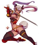  1girl animal_ears bangs black_legwear breasts bunny_ears bunny_tail bustier cleavage commentary dark_skin elbow_gloves english_commentary fighting_stance fingerless_gloves gloves highleg highleg_panties highres holding holding_sword holding_weapon looking_to_the_side medium_breasts original panties pechan red_eyes red_panties samurai short_hair silver_hair sketch smile solo swept_bangs sword tail thighhighs underwear v weapon white_background 