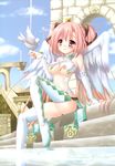  absurdres alto_seneka angel_wings bird blush boots breasts dove highres medium_breasts nipples pink_hair red_eyes rusty_soul sitting solo thigh_boots thighhighs wings 