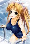  :d absurdres bare_shoulders blonde_hair bow breasts cleavage collarbone competition_swimsuit copyright_request covered_nipples hair_bow highres large_breasts long_hair non-web_source one-piece_swimsuit open_mouth ponytail pool pool_ladder ribbon smile solo swimsuit water wet yellow_eyes yuuki_hagure 
