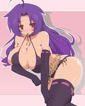  breasts brown_eyes bursting_breasts cleavage elbow_gloves gloves huge_breasts idolmaster idolmaster_(classic) miura_azusa mouth_hold purple_hair solo thighhighs van-s 