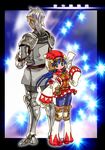  1girl absurdres bad_id bad_pixiv_id blue_hair buront detached_sleeves elf elvaan final_fantasy final_fantasy_xi green_eyes hakurei_reimu hat height_difference highres long_hair makaron mittens pointy_ears short_hair silver_hair the_iron_of_yin_and_yang touhou 