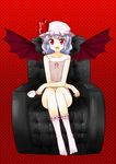  :d armchair bat_wings blue_hair camisole chair cup fang flat_chest hat izumi_minami looking_at_viewer nipples open_mouth polka_dot polka_dot_background red_background red_eyes remilia_scarlet see-through sitting smile socks solo touhou wings 