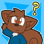  2016 ? ambiguous_gender anthro blue_clothing brown_fur brown_nose clothed clothing eyebrows fluffy fluffy_tail fur hand_behind_head joltink mammal orange_eyes rodent sciurid shirt simple_background solo tree_squirrel 
