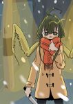  1girl ahoge extra_arms female insect_girl jacket knife mejichichiko monster_girl original outdoors scarf snow solo weapon winter_clothes 