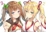  .live 2girls :3 alexmaster armpits bangs bare_shoulders black_sailor_collar blonde_hair blue_eyes blush breasts brown_hair cleavage closed_mouth collarbone commentary_request detached_sleeves frills green_eyes green_ribbon hair_between_eyes hair_ribbon hand_up japanese_clothes kakyouin_chieri kongou_iroha long_hair long_sleeves looking_at_viewer medium_breasts multiple_girls neckerchief red_neckwear red_ribbon revision ribbon sailor_collar sanpaku shirt side-by-side sidelocks simple_background smile twintails twintails_day upper_body v virtual_youtuber white_background wide_sleeves wing_collar yellow_shirt 