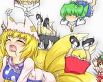  :3 animal_ears blonde_hair blush brown_hair cat_ears chen detached_sleeves dive elbow_gloves fox_tail frog gloves green_hair hair_ornament hakurei_reimu hat haty kirisame_marisa kochiya_sanae long_hair multiple_girls multiple_tails nagae_iku short_hair snake tail tears touhou yakumo_ran yakumo_yukari 