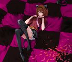  alternate_costume animal_ears black_legwear brown_hair cat_ears cherry_blossoms derivative_work headband lying miyu_(matsunohara) necktie on_back parody rita_mordio short_hair skirt solo tales_of_(series) tales_of_vesperia thighhighs vocaloid world_is_mine_(vocaloid) 