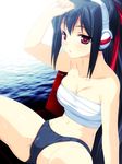  arms_up bandages beatmania beatmania_iidx breasts cleavage dj_sakura hair_ribbon headphones highres kinoshita_ichi long_hair medium_breasts navel panties red_eyes ribbon sarashi sitting solo spread_legs sweat underwear water 