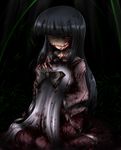  black_hair blood fujiwara_no_mokou guro hair_ribbon horror_(theme) houraisan_kaguya hug multiple_girls red_eyes ribbon severed_head shimo_(depthbomb) silver_hair touhou 