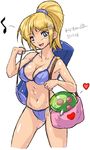  :d bad_deviantart_id bad_id bag bikini blonde_hair blue_eyes breasts cleavage cropped_legs duffel_bag eriance heart medium_breasts metroid metroid_(creature) musical_note navel open_mouth samus_aran smile solo swimsuit 