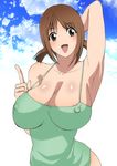  armpits blush breasts brown_hair cleavage covered_nipples hinako_(issho_ni_training) huge_breasts issho_ni_training smile solo tank_top twintails 