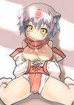  animal_ears bad_id bad_pixiv_id breasts cleavage copyright_request japanese_clothes large_breasts miko rondo_bell saliva solo spread_legs white_hair yellow_eyes 
