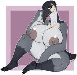  anthro areola avian beak big_areolas big_breasts bird black_feathers breasts demonnyuu feathers female huge_breasts nipples nude one_eye_closed penguin sitting solo thick_thighs white_feathers 