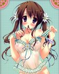  absurdres blush breasts brown_hair cleavage copyright_request flower frills hair_flower hair_in_mouth hair_ornament highres huge_filesize lingerie long_hair medium_breasts mouth_hold nipples no_panties ryouka_(suzuya) see-through solo twintails underwear 
