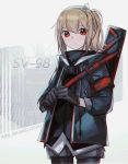  1girl alternate_color blonde_hair case character_name commentary_request girls_frontline gloves hair_ribbon hairband highres jacket kky ribbon solo sv-98 sv-98_(girls_frontline) twitter_username 