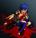  artist_request bad_end bandages barefoot bleeding blood blue_hair carrying death goggles goggles_on_head injury kamina male_focus multiple_boys red_eyes role_reversal scar shirtless shoes simon single_shoe spoilers tengen_toppa_gurren_lagann what_if 