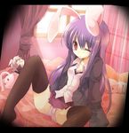  animal_ears bunny_ears fruit_punch long_hair one_eye_closed panties purple_hair red_eyes reisen_udongein_inaba sitting solo spread_legs thighhighs touhou underwear 