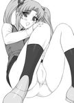  blush greyscale hair_bobbles hair_ornament hoshino_ruri kidou_senkan_nadesico monochrome panties shichimenchou simple_background sitting solo twintails underwear 