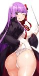  1girl ;d ass bangs bb_(fate)_(all) bb_(fate/extra_ccc) blush breasts commentary_request eyebrows_visible_through_hair fate/grand_order fate_(series) from_behind gloves highres huge_ass large_breasts leotard long_hair looking_at_viewer looking_back neck_ribbon one_eye_closed open_mouth purple_eyes purple_hair red_ribbon ribbon shiny shiny_hair shiny_skin sia_namsbinpeni simple_background smile solo standing tongue tongue_out very_long_hair wand white_background white_gloves white_leotard 