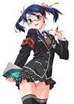  absurdres armband blue_hair breasts copyright_request glasses highres kuuchuu_yousai notebook pen school_uniform small_breasts solo thighhighs twintails 