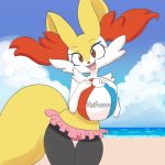  1girl animal_ear_fluff animal_ears artist_name ball beach beachball bikini blue_sky braixen clothed_pokemon cloud cowboy_shot creatures_(company) day fangs female fox_ears fox_tail frilled_bikini frills furry game_freak gen_6_pokemon hands_up happy head_tilt highres holding jpeg_artifacts looking_at_viewer mezmaroon nintendo no_humans ocean open_mouth outdoors pink_bikini pokemon pokemon_(creature) red_eyes sand signature sky smile solo standing swimsuit tail thigh_gap water 