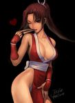  breasts bridal_gauntlets brown_eyes brown_hair cleavage closed_fan collarbone commentary fan fatal_fury folding_fan gloves heart japanese_clothes jayun large_breasts loincloth long_hair one_eye_closed panties pelvic_curtain ponytail revealing_clothes shiranui_mai smile solo the_king_of_fighters underwear 