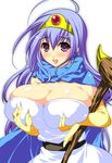  ahoge bad_id bad_pixiv_id belt blue_hair blush breast_grab breasts bursting_breasts circlet cleavage dragon_quest dragon_quest_iii elbow_gloves gloves grabbing huge_breasts long_hair ookami_ryousuke purple_eyes sage_(dq3) scarf solo staff weapon 