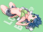  artist_request barefoot blue_hair breasts covered_nipples feet green_eyes jacket matsubara_kaoru medium_breasts midriff navel open_clothes open_fly open_shorts powered_buttercup powerpuff_girls_z shirt_lift short_hair short_shorts shorts solo track_jacket unbuttoned underboob unzipped 