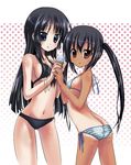  akiyama_mio bad_id bad_pixiv_id bangs bikini black_hair blue_eyes blunt_bangs dripping flat_chest food hime_cut ice_cream k-on! kurou_(quadruple_zero) long_hair multiple_girls nakano_azusa one-piece_tan red_eyes side-tie_bikini swimsuit tan tanline twintails 