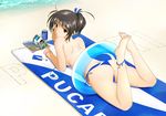  anklet ass barefoot bikini black_hair brand_name_imitation brown_eyes drink feet innertube jewelry legs looking_back lying original pocari_sweat ponytail side-tie_bikini solo swimsuit untied yurikuta_tsukumi 