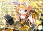  ;p areolae blonde_hair blue_eyes breasts downblouse from_above glasses guitar hair_ornament hair_ribbon hairclip instrument kagamine_rin musical_note nipple_slip nipples one_eye_closed porurin ribbon short_hair small_breasts smile solo speaker tongue tongue_out vocaloid 