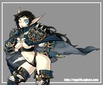  arm_behind_back armor bad_id bad_pixiv_id banned_artist black_hair black_panties blood_elf blue_eyes boots breasts brooch cape curvy dagger elf gauntlets grey_background jewelry lipstick long_hair long_pointy_ears looking_at_viewer makeup medium_breasts midriff navel one_eye_closed panties pointy_ears rogue_(warcraft) simple_background solo standing thigh_boots thighhighs underboob underwear warcraft weapon world_of_warcraft xil 