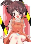  blush brown_eyes brown_hair kyon_no_imouto overalls panties pantyshot pantyshot_(sitting) sachuma short_hair side_ponytail sitting solo suzumiya_haruhi_no_yuuutsu underwear 