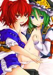  bad_id bad_pixiv_id blue_eyes flat_chest green_hair multiple_girls onozuka_komachi red_eyes red_hair shiki_eiki touhou undressing yude yuri 