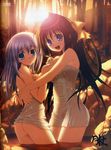  ass bamboo bamboo_forest blue_eyes blue_hair brown_hair forest haruno_yume impossible_towel multiple_girls naked_towel nature primitive_link ribbon ricopheria_duende towel tsukimori_hiro water wet 