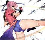  angry ass bad_id bad_pixiv_id bun_cover china_dress chinese_clothes dragon_quest dragon_quest_dai_no_daibouken dress fingerless_gloves from_behind gauntlets gloves high_kick hijiri kicking maam open_mouth pink_hair red_eyes solo spread_legs 