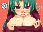  angry breasts cleavage fang glasses green_hair large_breasts long_hair original red_eyes solo tokita_monta turtleneck 