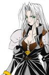  1girl armor bracelet breasts cleavage female final_fantasy final_fantasy_vii genderswap green_eyes hair_over_one_eye jewelry long_hair lowres sephiroth simple_background solo trench_coat trenchcoat white_background white_hair 